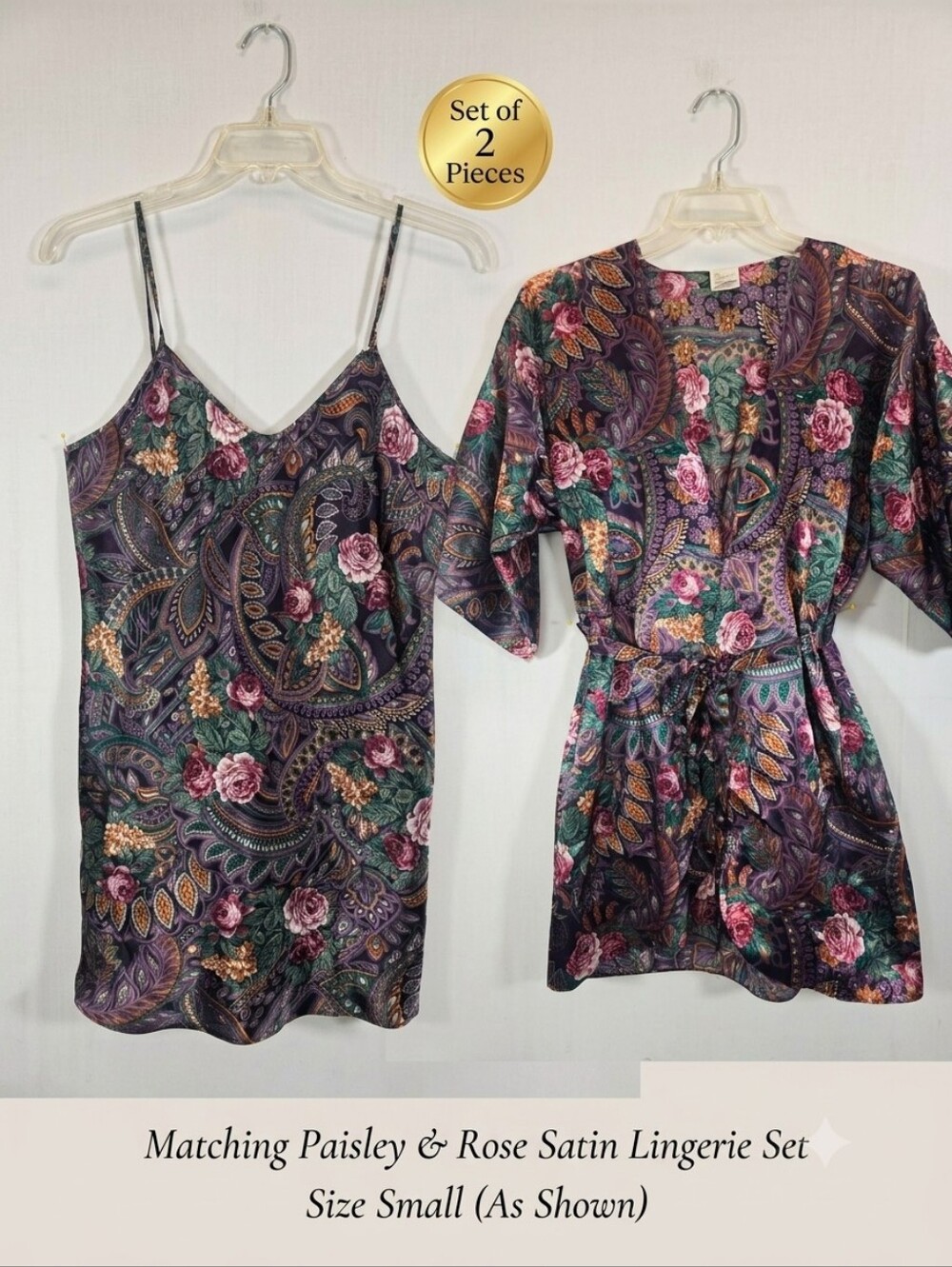 Vintage California Miss Satin Lingerie Set Size Small 2pc Slip Dress & Robe Pais